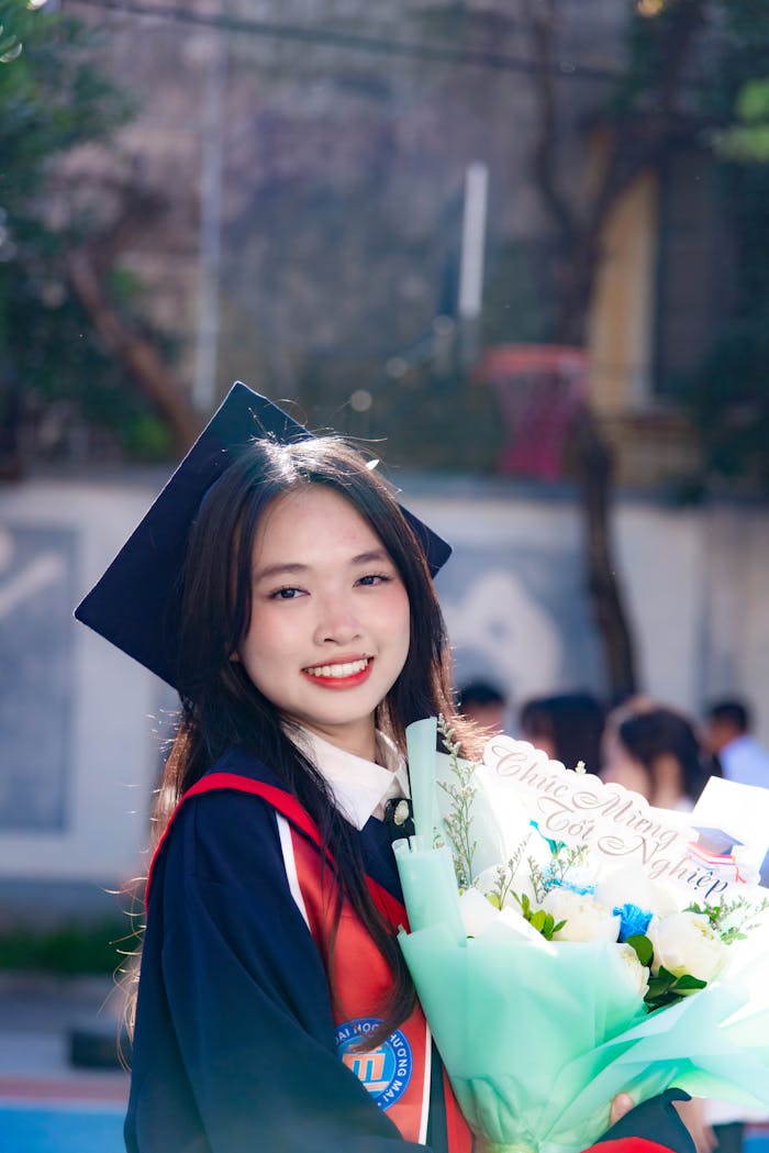 Young woman celebrates graduation with a bouquet, wearing cap and gown outdoors.